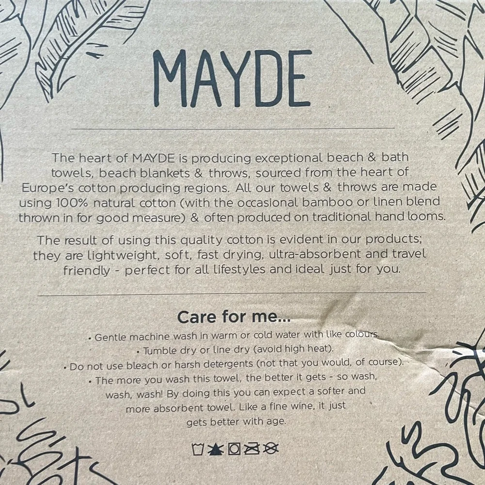 New Mayde Home Travel Bath 'Beach towel’ NWT 100% Natural cotton lightweight